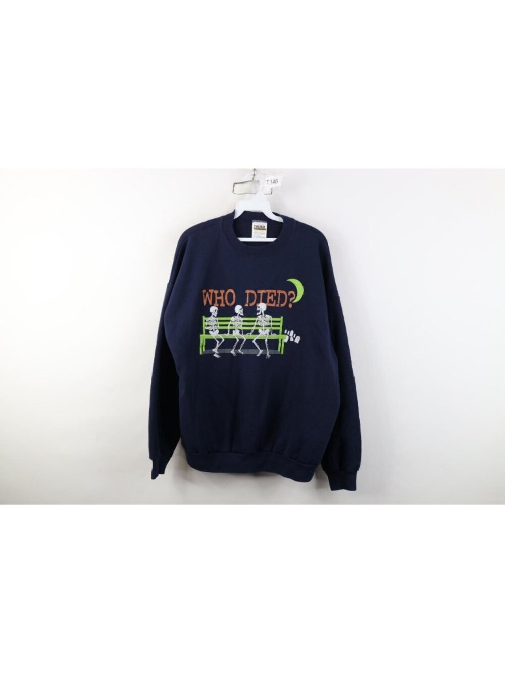 Vintage 90s Mens XL Halloween Who Died Skeleton Crewneck Sweatshirt Navy Blue